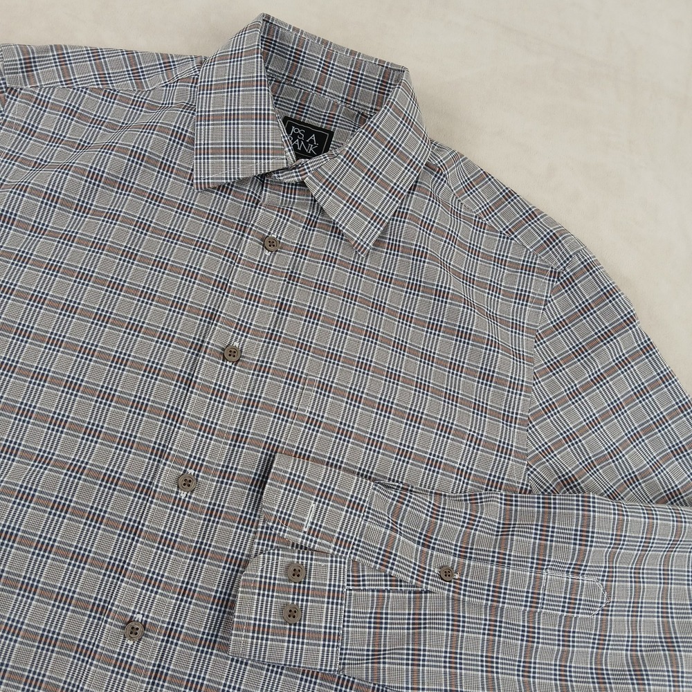 Jos A Bank Traveler Small Mens Shirt Brown Plaid Tailored Fit 19x28